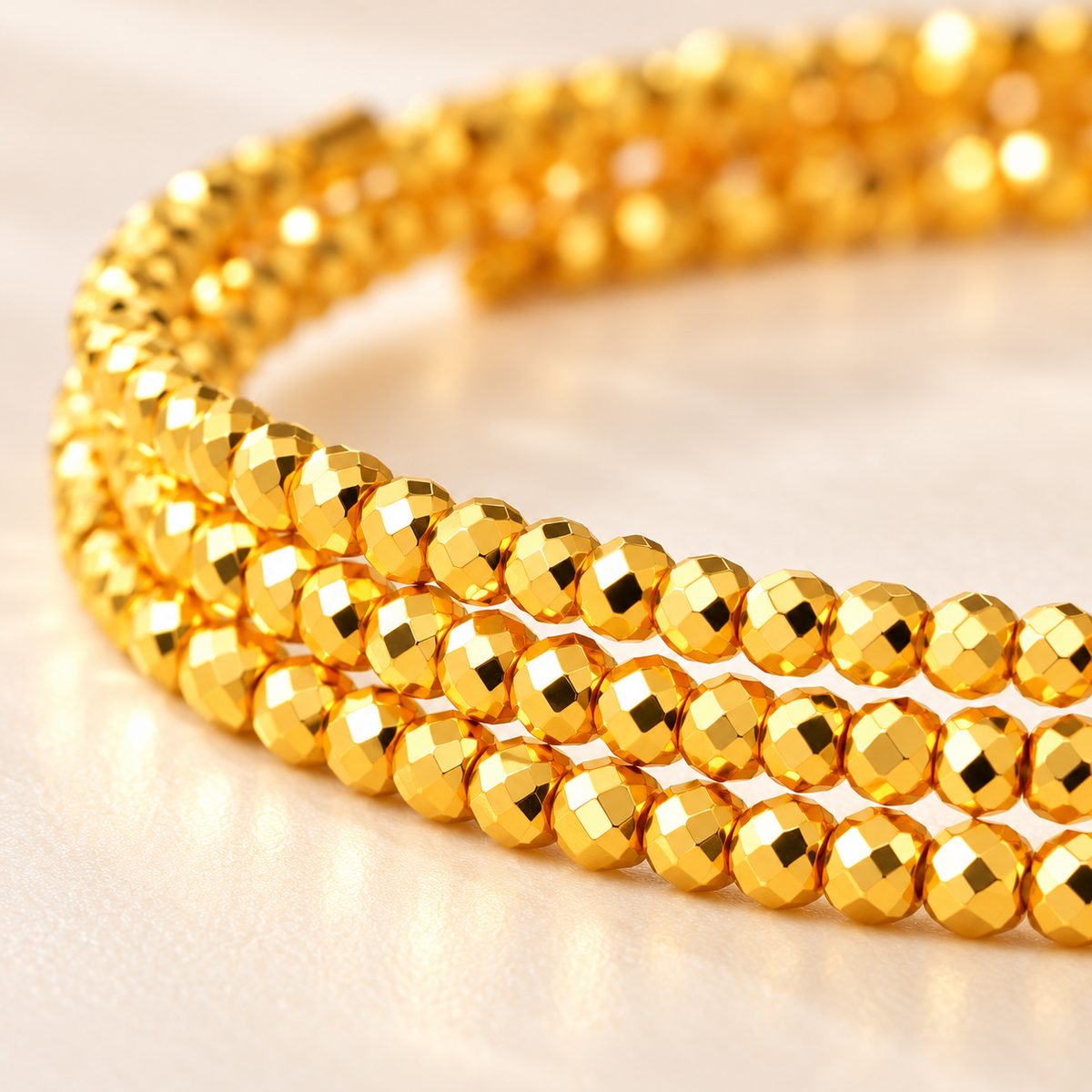 18K Solid Gold Triple Wrap Faceted Bead Bracelet