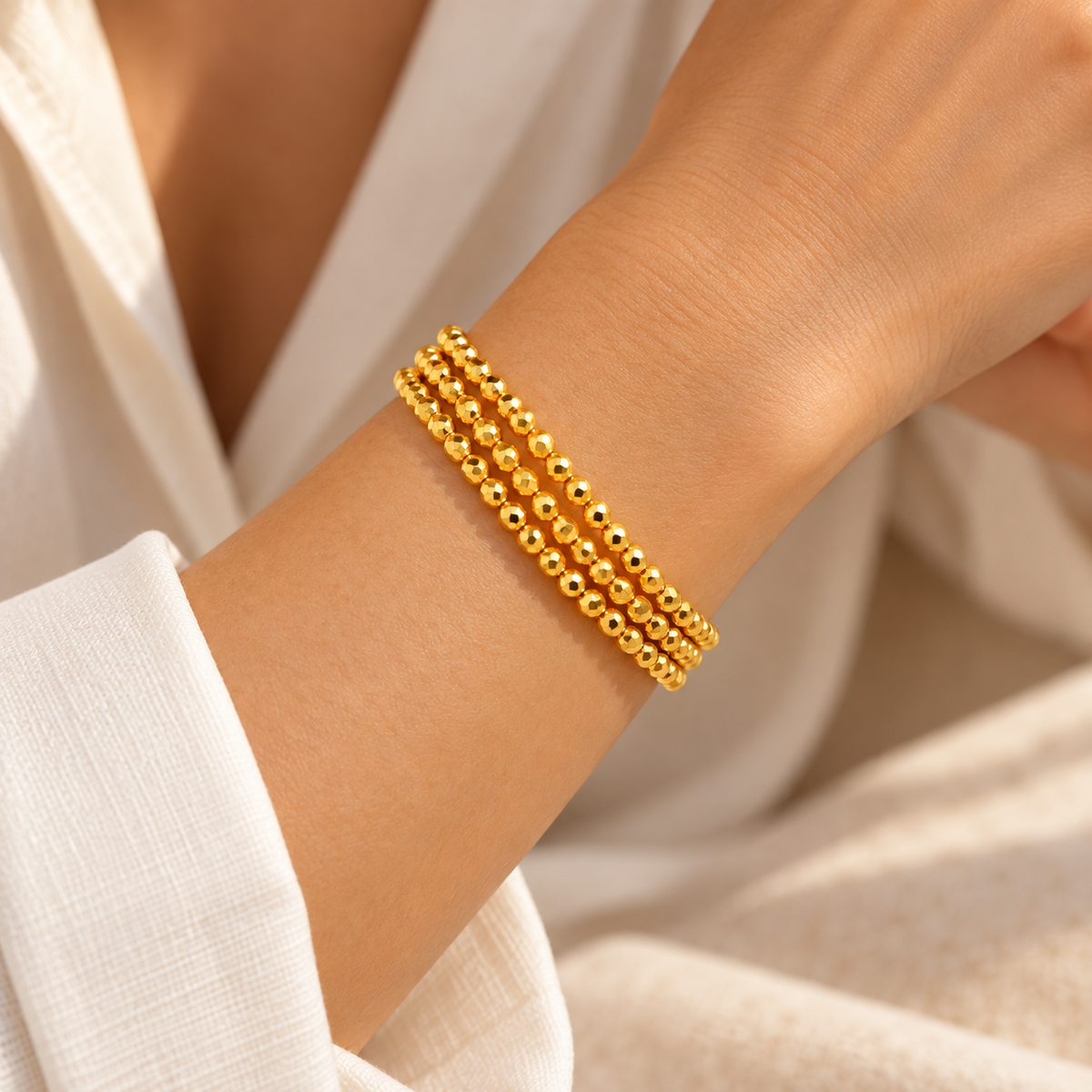 18K Solid Gold Triple Wrap Faceted Bead Bracelet