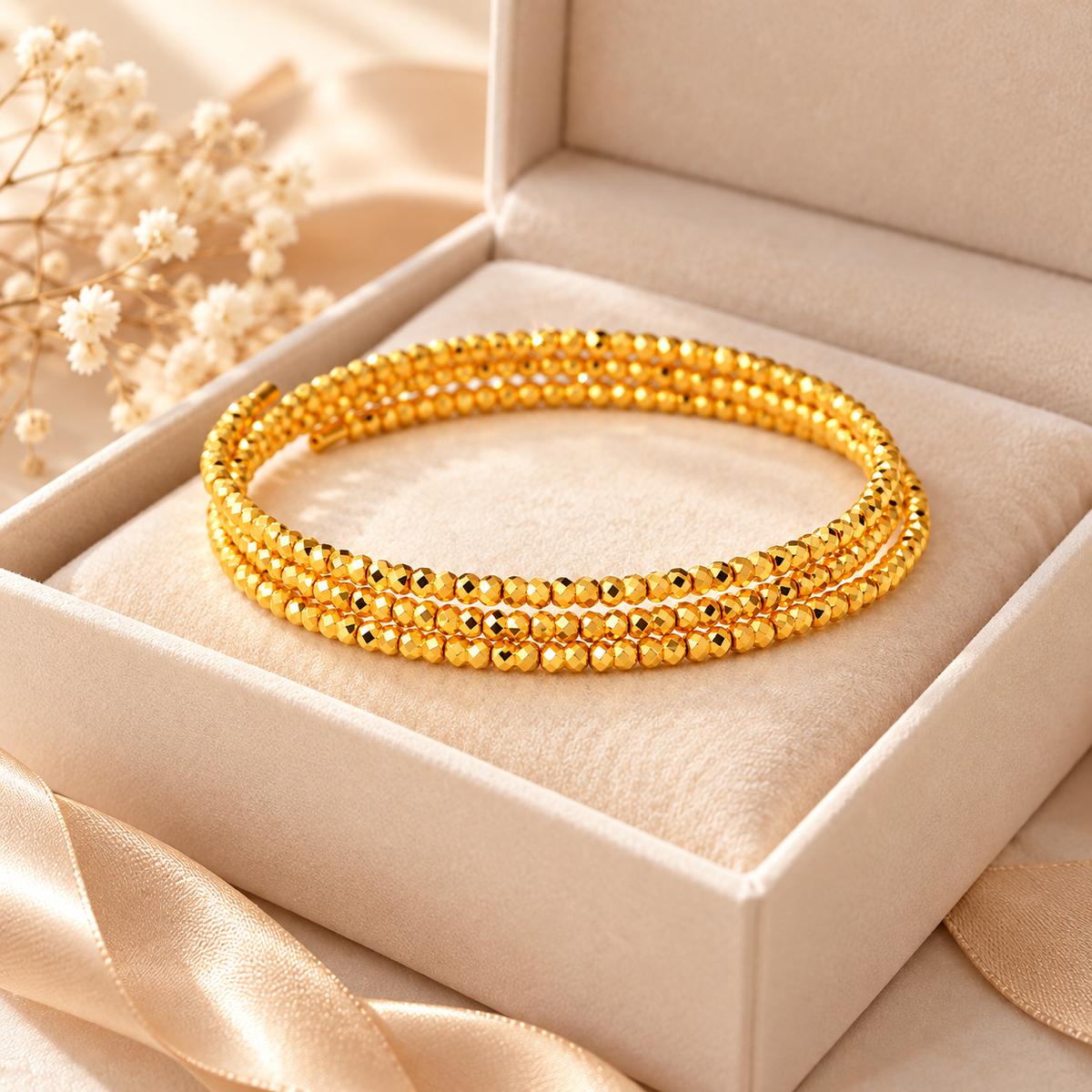 18K Solid Gold Triple Wrap Faceted Bead Bracelet