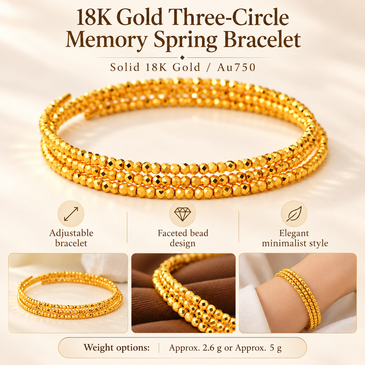 18K Solid Gold Triple Wrap Faceted Bead Bracelet