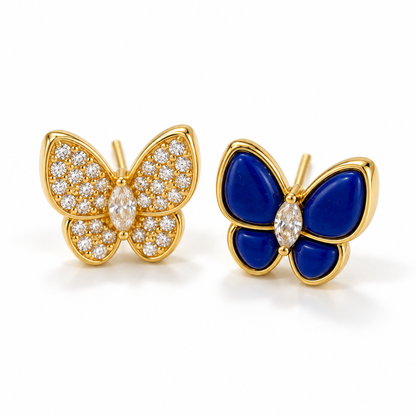18K Solid Gold Butterfly Stud Earrings – Zircon or Blue