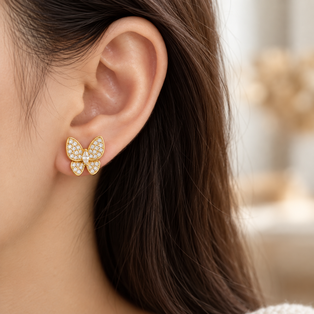 18K Solid Gold Butterfly Stud Earrings – Zircon or Blue