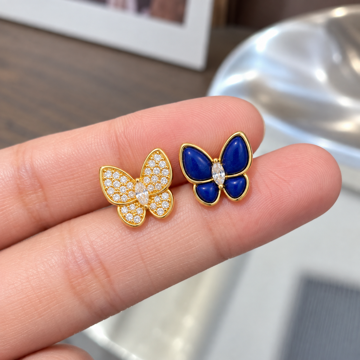 18K Solid Gold Butterfly Stud Earrings – Zircon or Blue