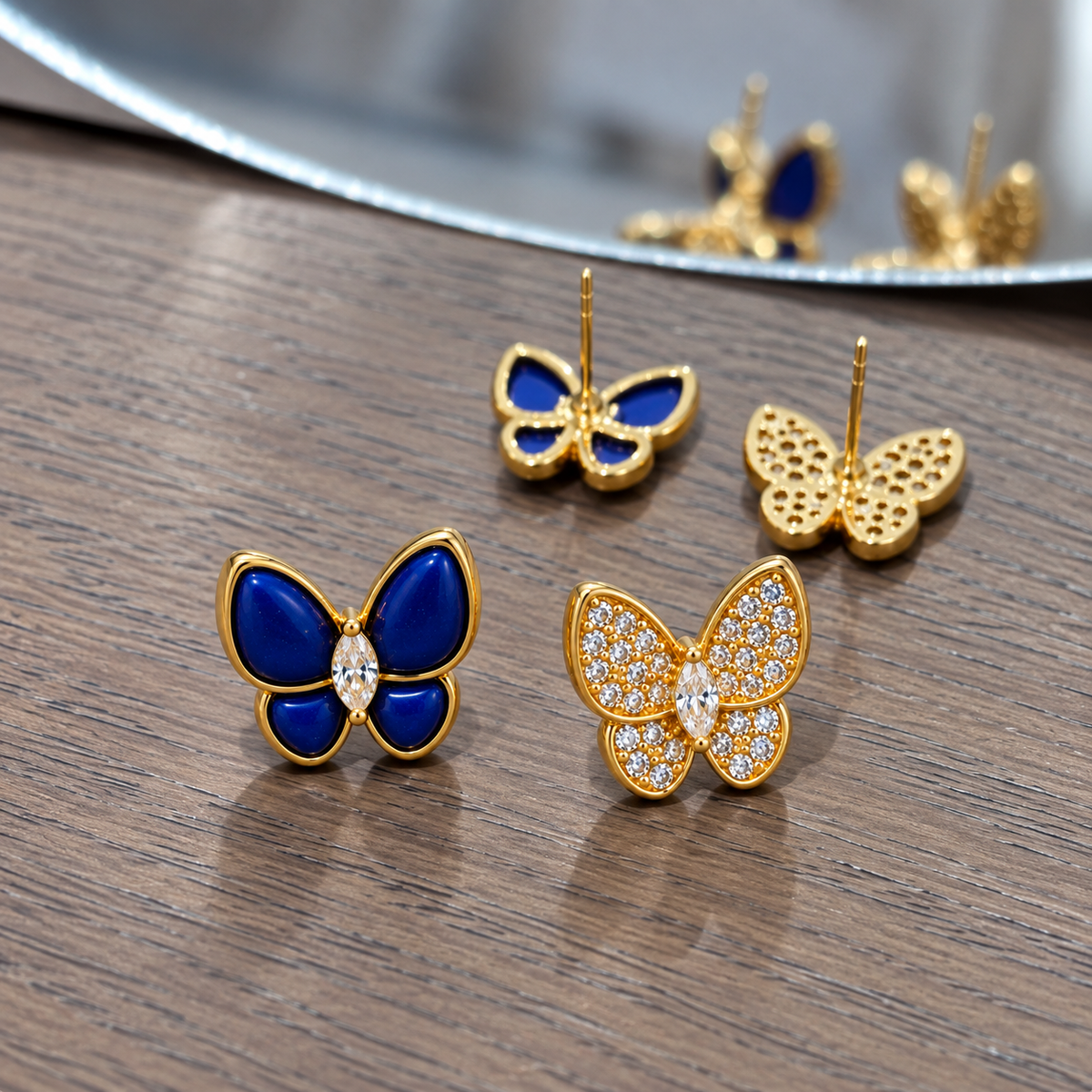 18K Solid Gold Butterfly Stud Earrings – Zircon or Blue