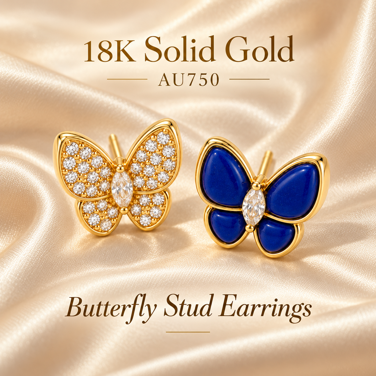 18K Solid Gold Butterfly Stud Earrings – Zircon or Blue