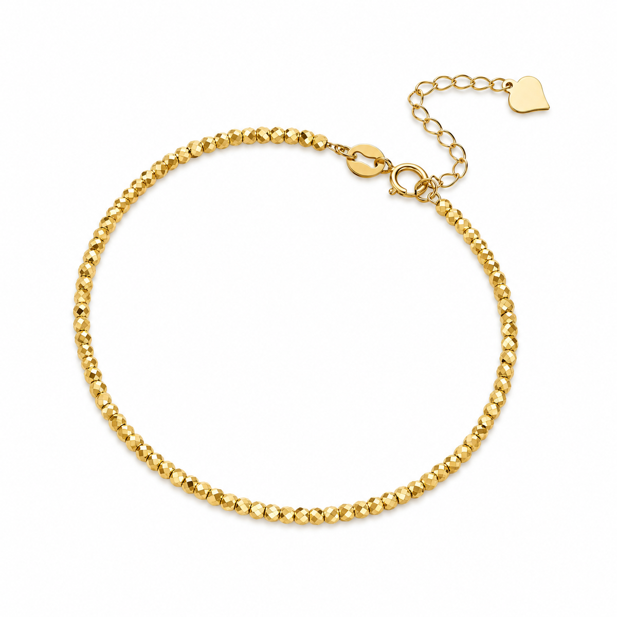 18K Solid Gold Faceted Bead Bracelet with Heart Charm – 2 mm