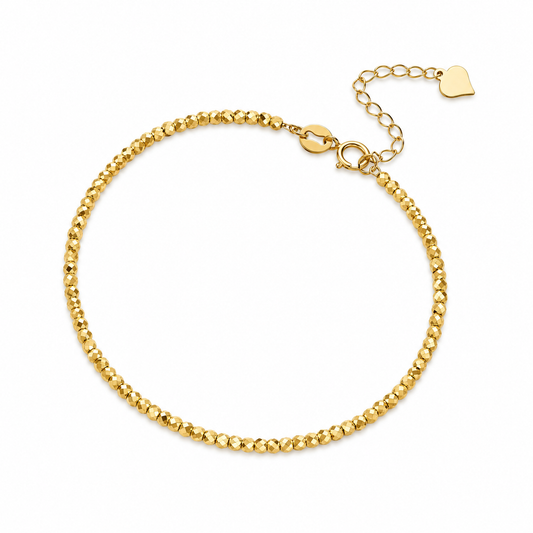 18K Solid Gold Faceted Bead Bracelet with Heart Charm – 2 mm