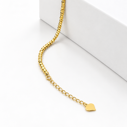 18K Solid Gold Faceted Bead Bracelet with Heart Charm – 2 mm
