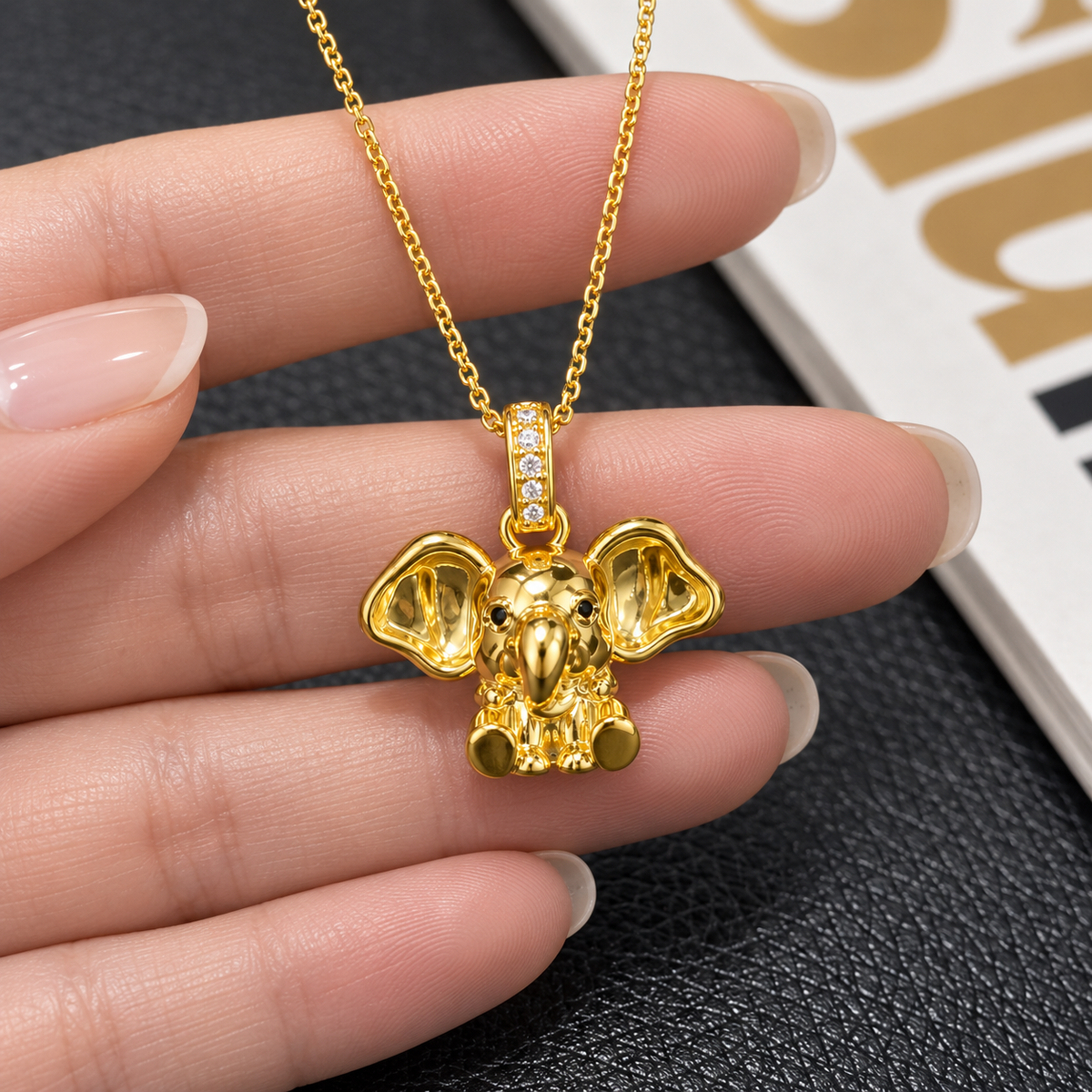 18K Solid Gold Elephant Pendant with Moissanite