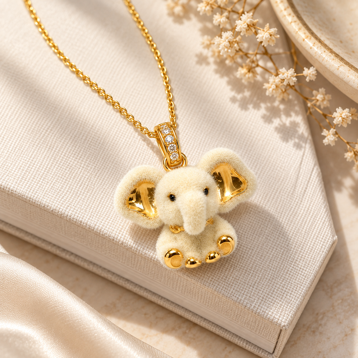 18K Solid Gold Elephant Pendant with Moissanite