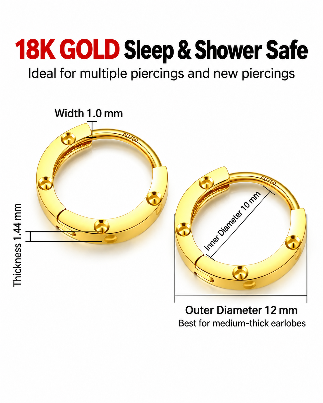 18K Solid Gold Huggie Hoop Earrings – Yellow or Rose Gold