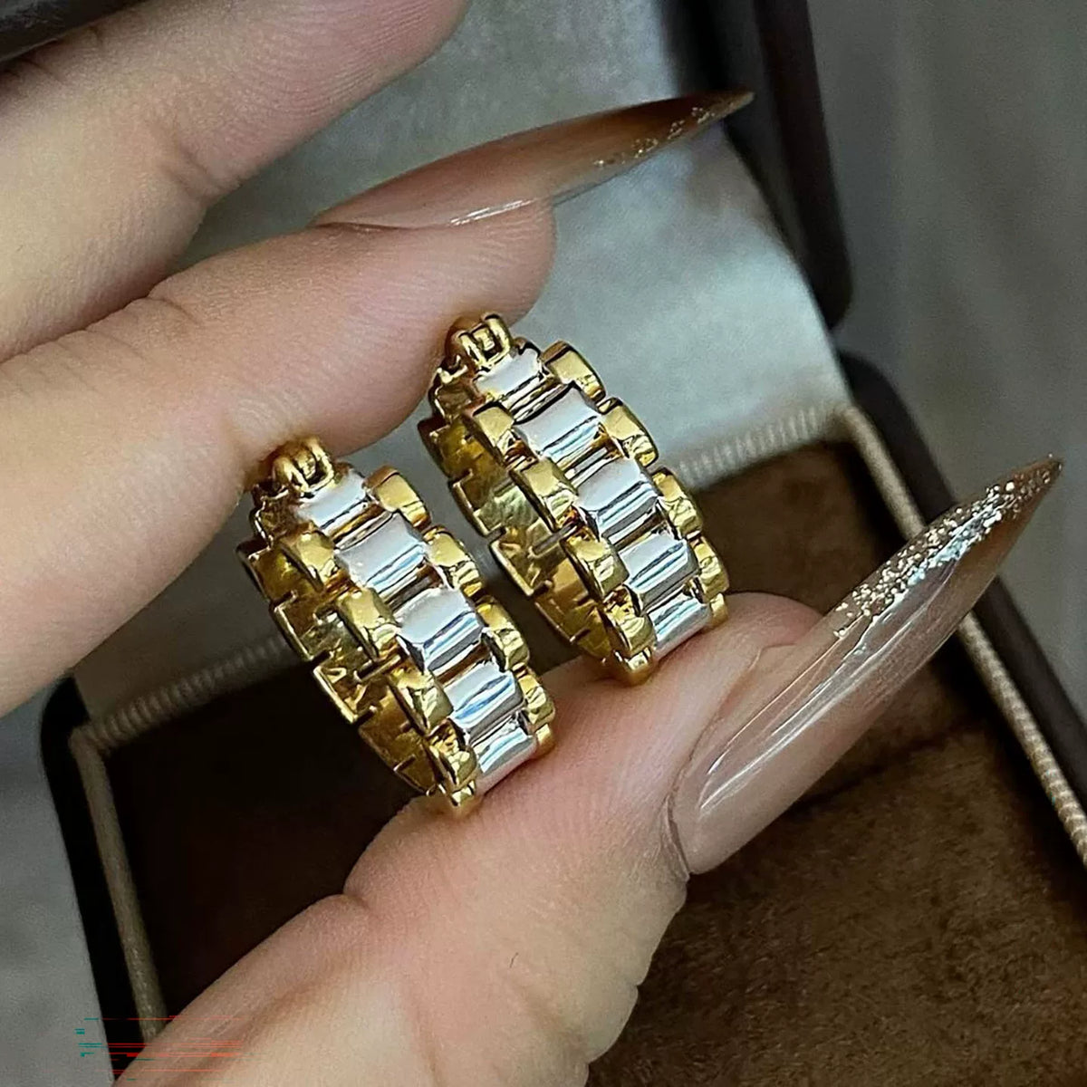 18K Solid Gold Two-Tone Watch Band Link Hoop Earrings