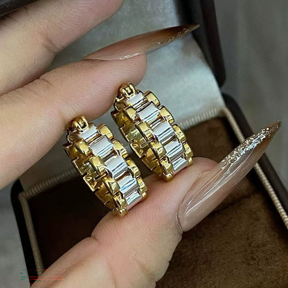 18K Solid Gold Two-Tone Watch Band Link Hoop Earrings