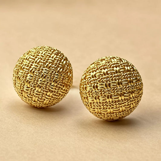 18K Solid Gold Woven Texture Ball Earrings