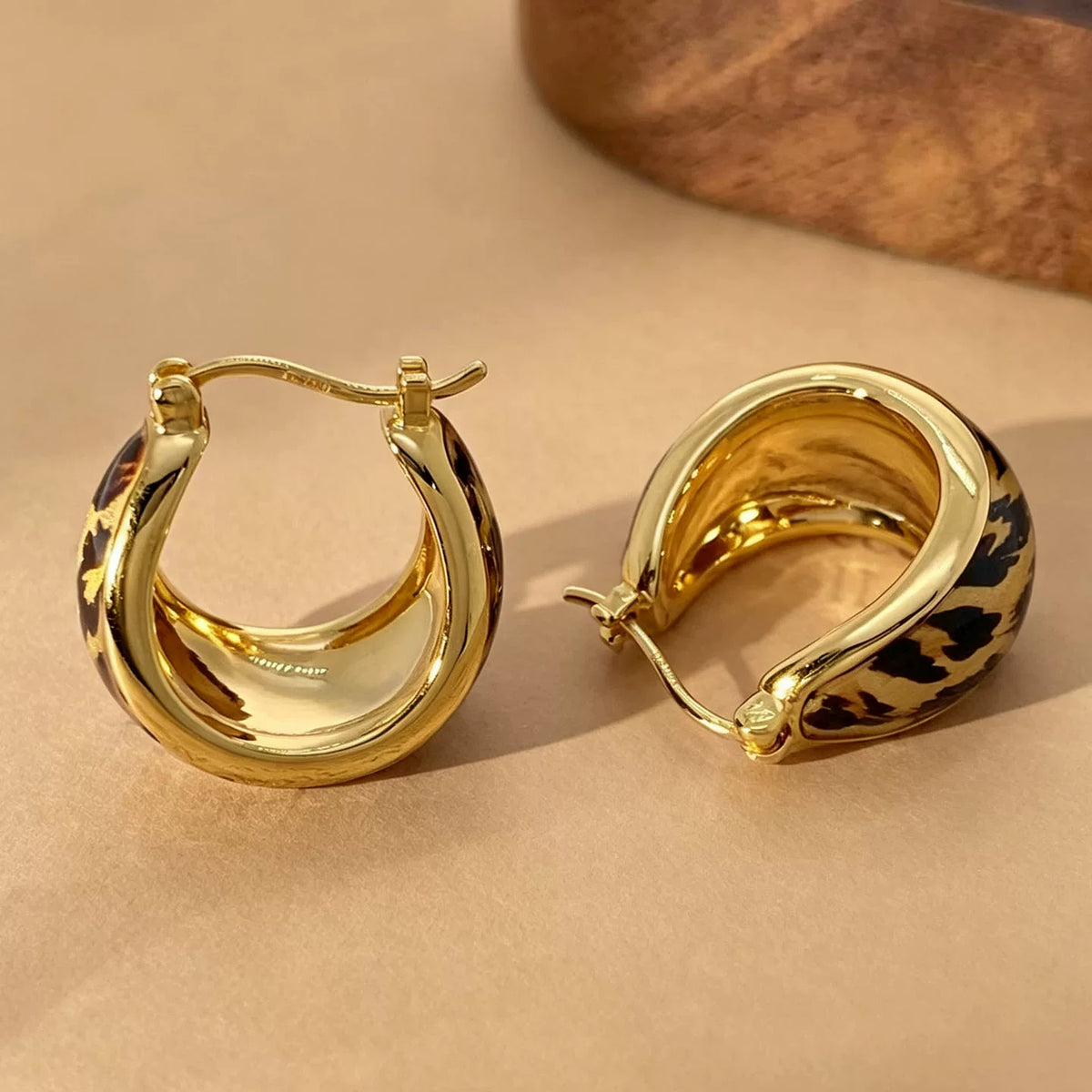 18K Solid Gold Enamel Leopard Print Teardrop Hoops