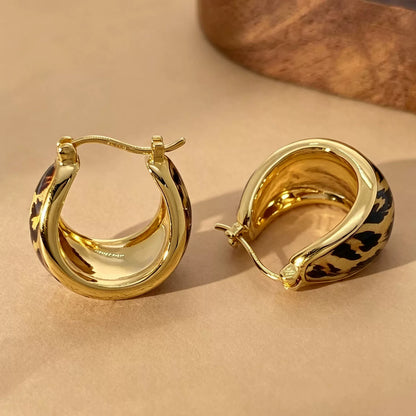 18K Solid Gold Enamel Leopard Print Teardrop Hoops