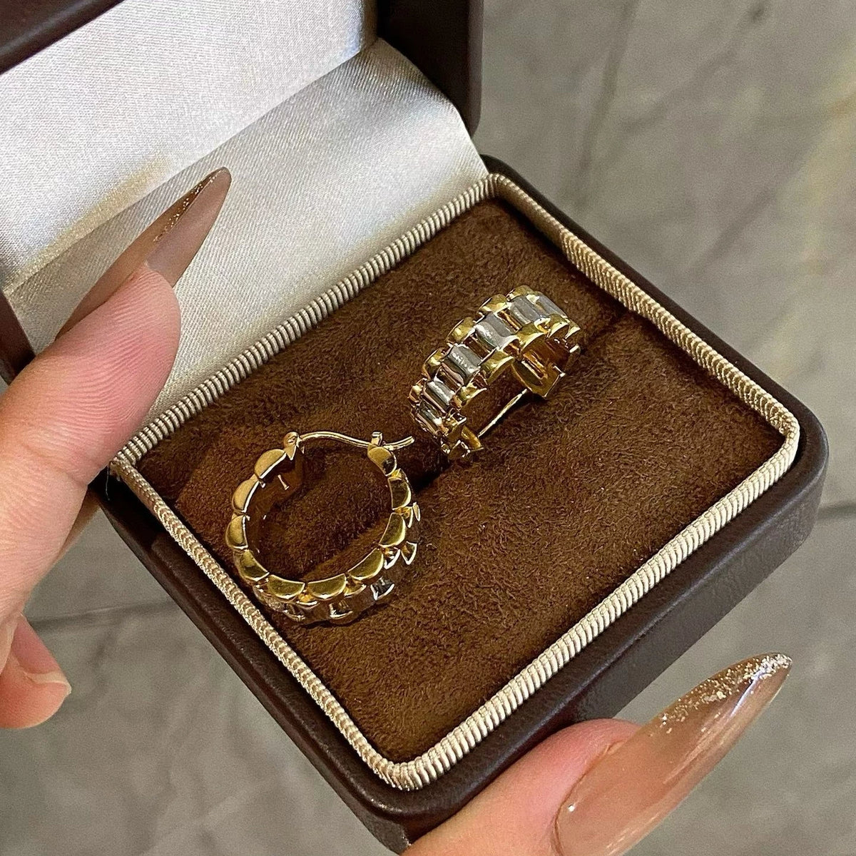 18K Solid Gold Two-Tone Watch Band Link Hoop Earrings