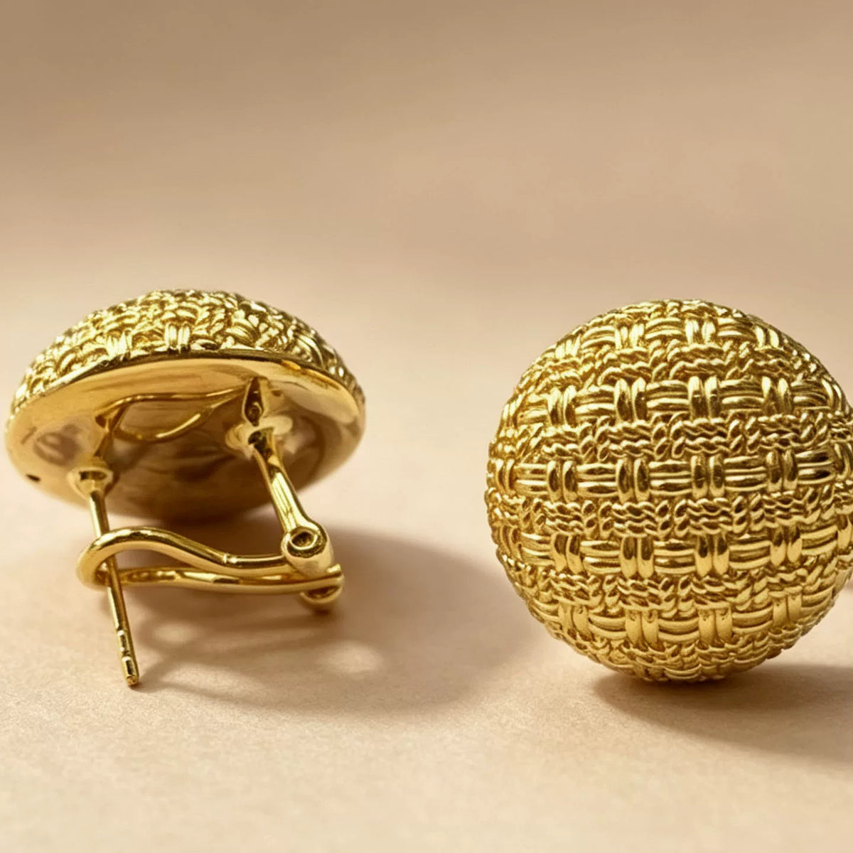 18K Solid Gold Woven Texture Ball Earrings