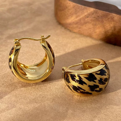 18K Solid Gold Enamel Leopard Print Teardrop Hoops