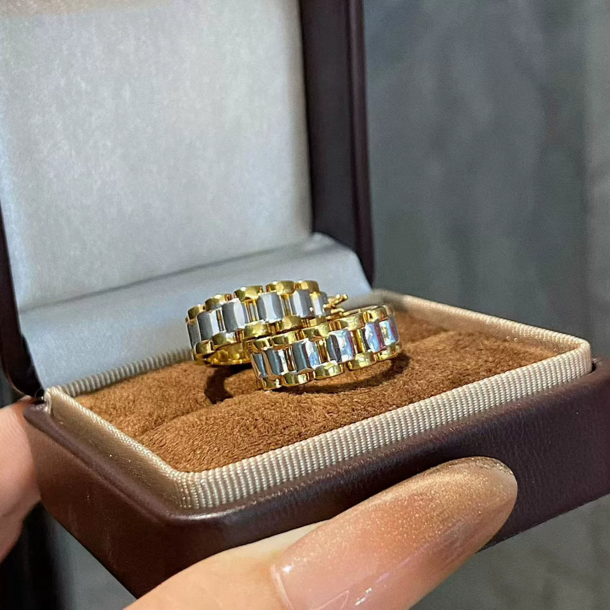18K Solid Gold Two-Tone Watch Band Link Hoop Earrings