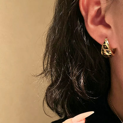 18K Solid Gold Enamel Leopard Print Teardrop Hoops