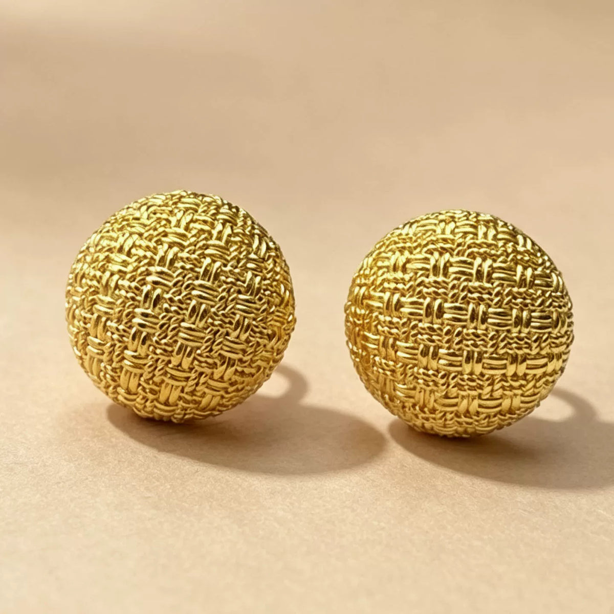 18K Solid Gold Woven Texture Ball Earrings