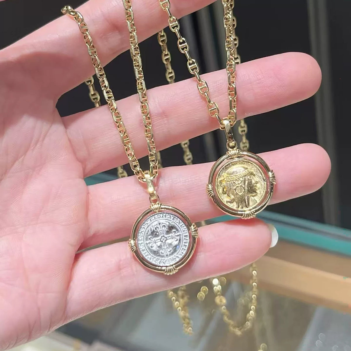 18K Solid Gold Two-Tone Reversible Coin Pendant