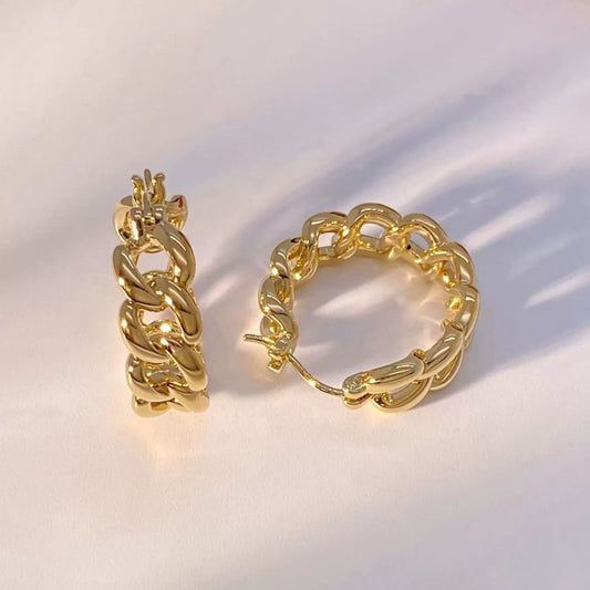 18K Solid Gold Chain Link Hoop Earrings