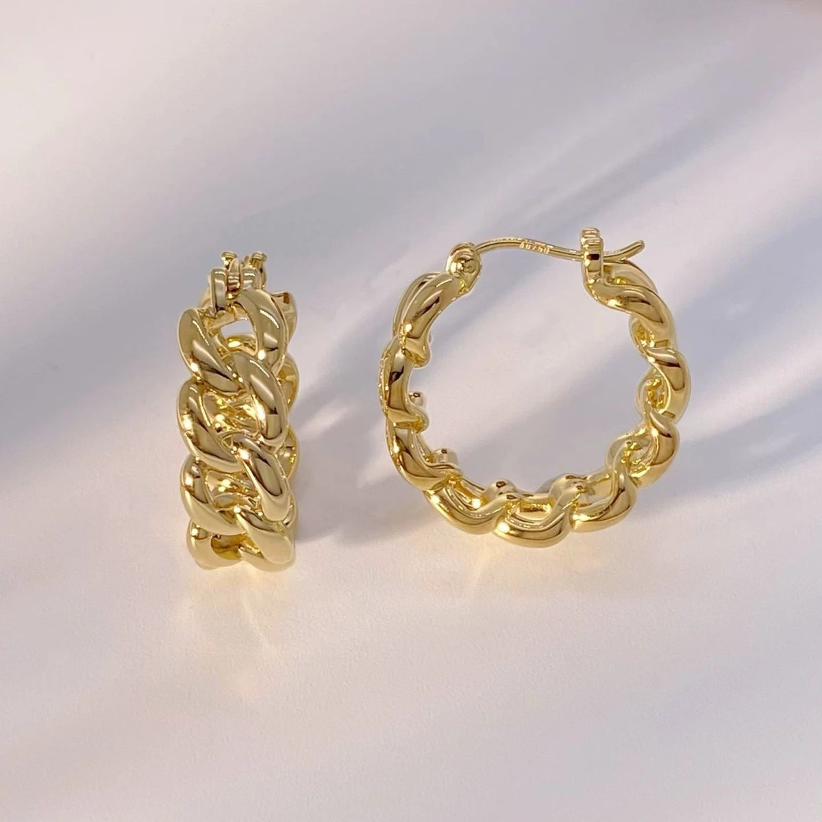 18K Solid Gold Chain Link Hoop Earrings