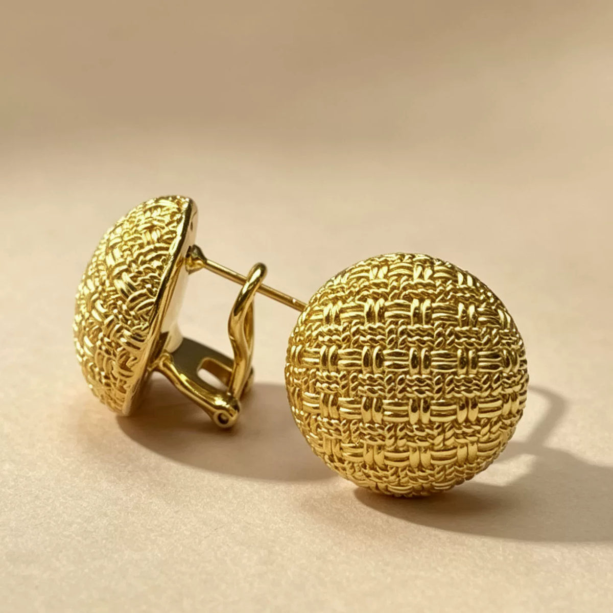 18K Solid Gold Woven Texture Ball Earrings