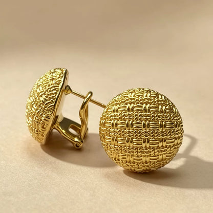 18K Solid Gold Woven Texture Ball Earrings