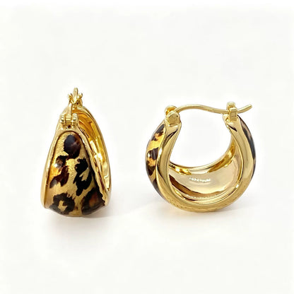 18K Solid Gold Enamel Leopard Print Teardrop Hoops