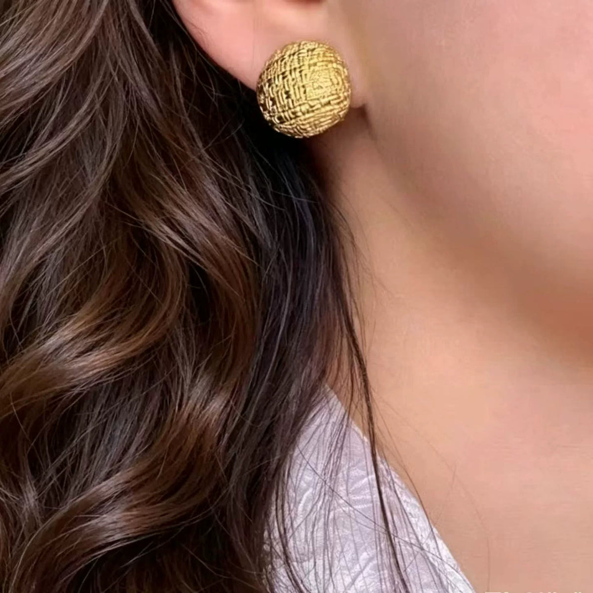 18K Solid Gold Woven Texture Ball Earrings
