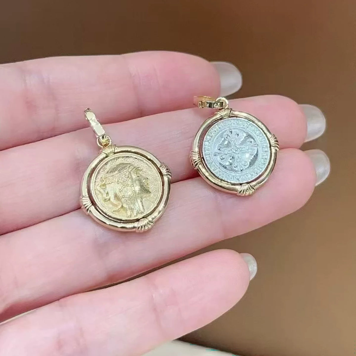 18K Solid Gold Two-Tone Reversible Coin Pendant
