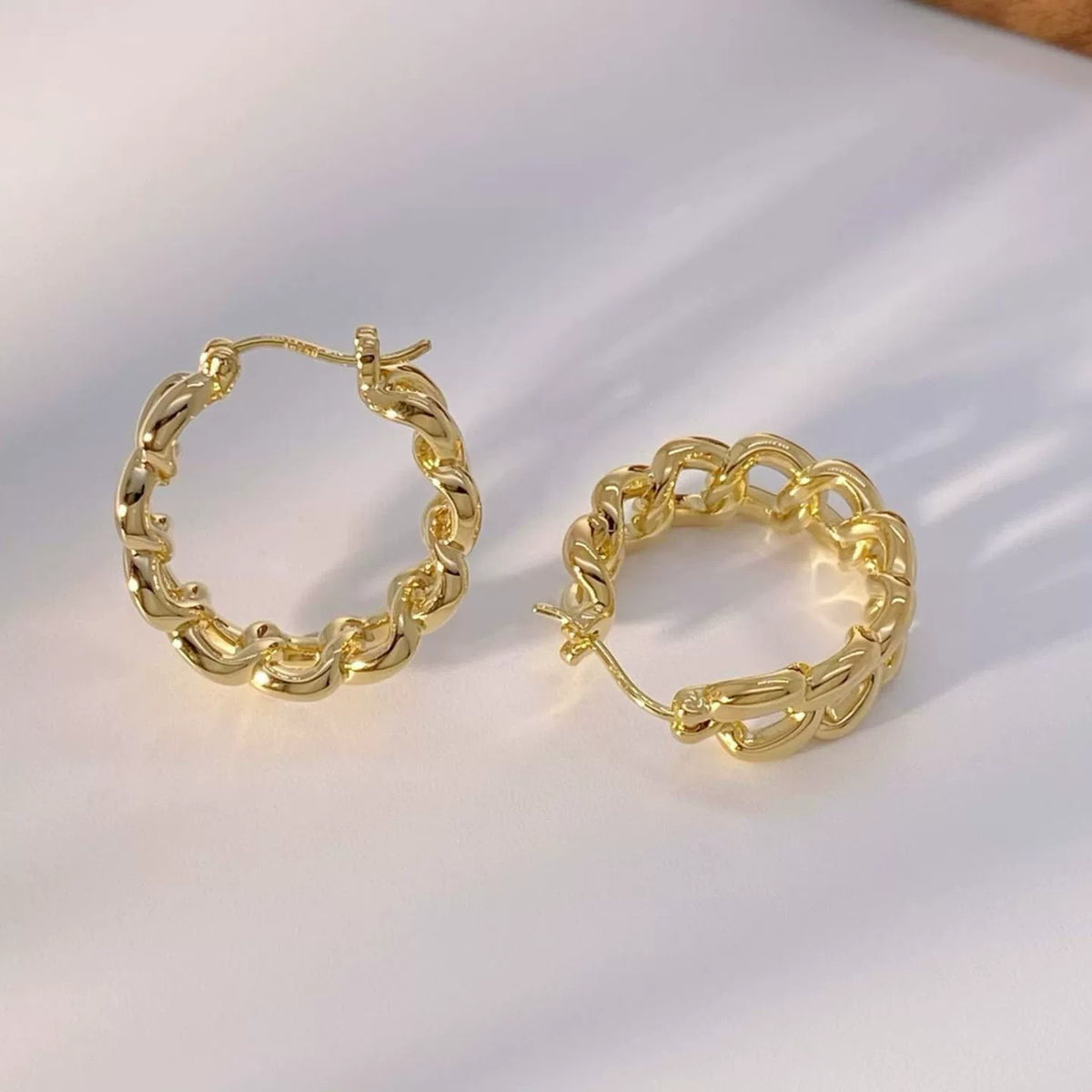 18K Solid Gold Chain Link Hoop Earrings