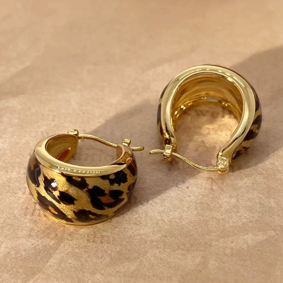 18K Solid Gold Enamel Leopard Print Teardrop Hoops