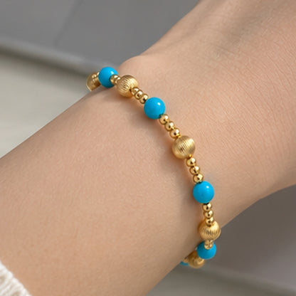 18K Solid Gold Turquoise Bead Bracelet, AU750 Yellow Gold, Diamond-Cut Spacers