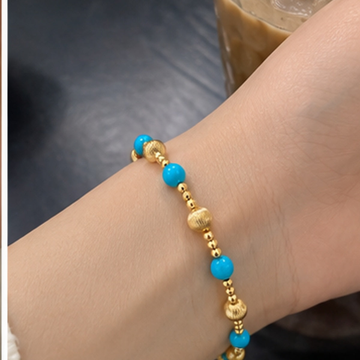 18K Solid Gold Turquoise Bead Bracelet, AU750 Yellow Gold, Diamond-Cut Spacers