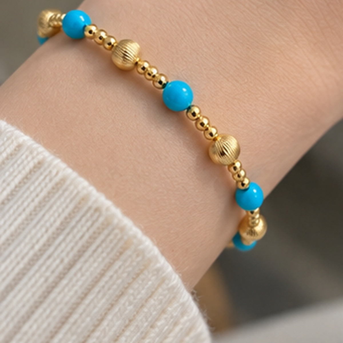 18K Solid Gold Turquoise Bead Bracelet, AU750 Yellow Gold, Diamond-Cut Spacers