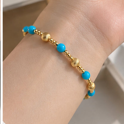 18K Solid Gold Turquoise Bead Bracelet, AU750 Yellow Gold, Diamond-Cut Spacers