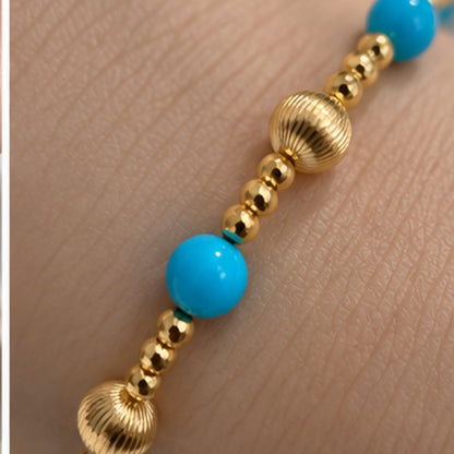 18K Solid Gold Turquoise Bead Bracelet, AU750 Yellow Gold, Diamond-Cut Spacers