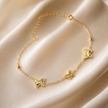 18K Solid Gold Butterfly Bracelet, Dainty Yellow Gold Chain, Minimalist Fine Jewelry