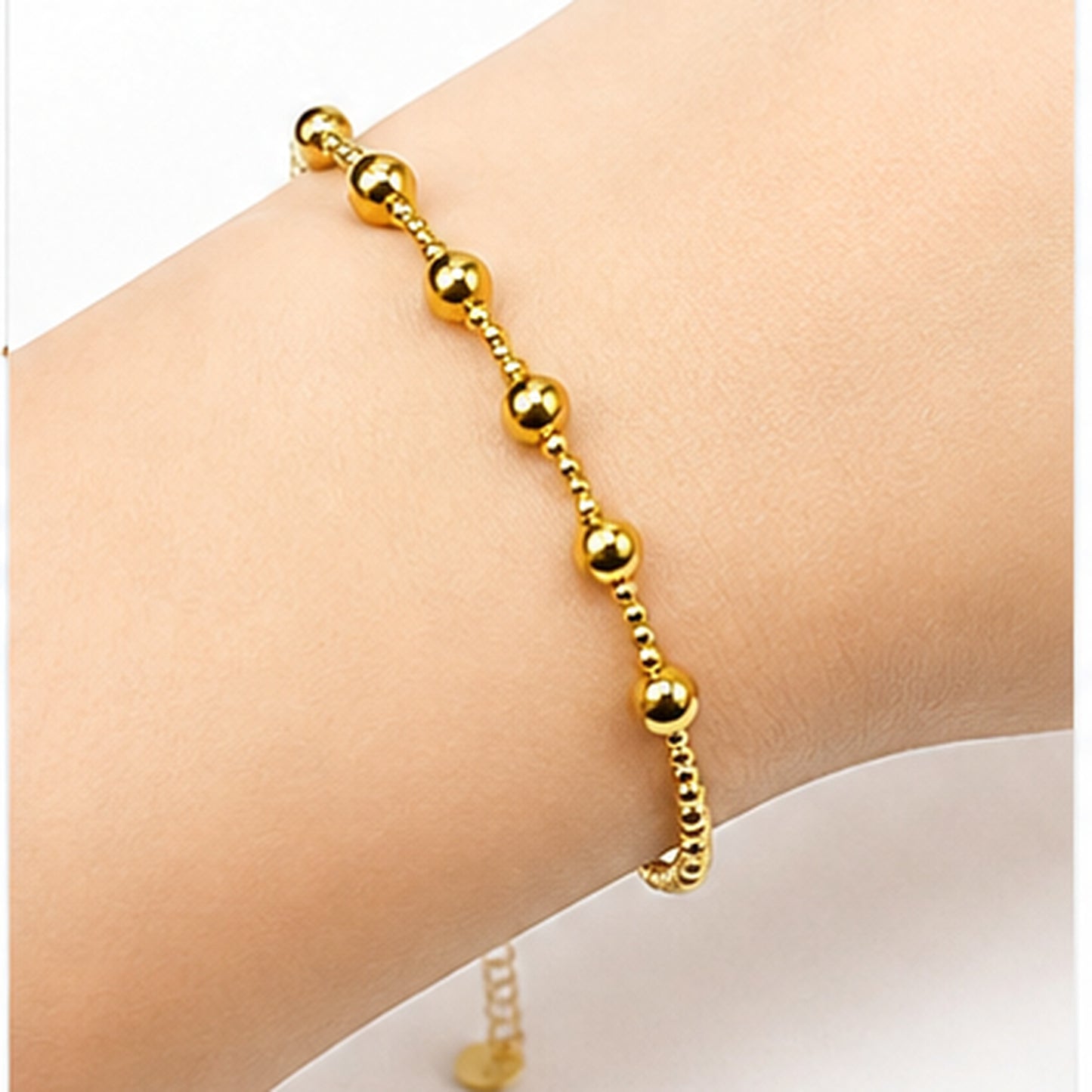 18K Solid Yellow Gold Graduated Beaded Bracelet, Dainty Minimalist Fine Jewelry
