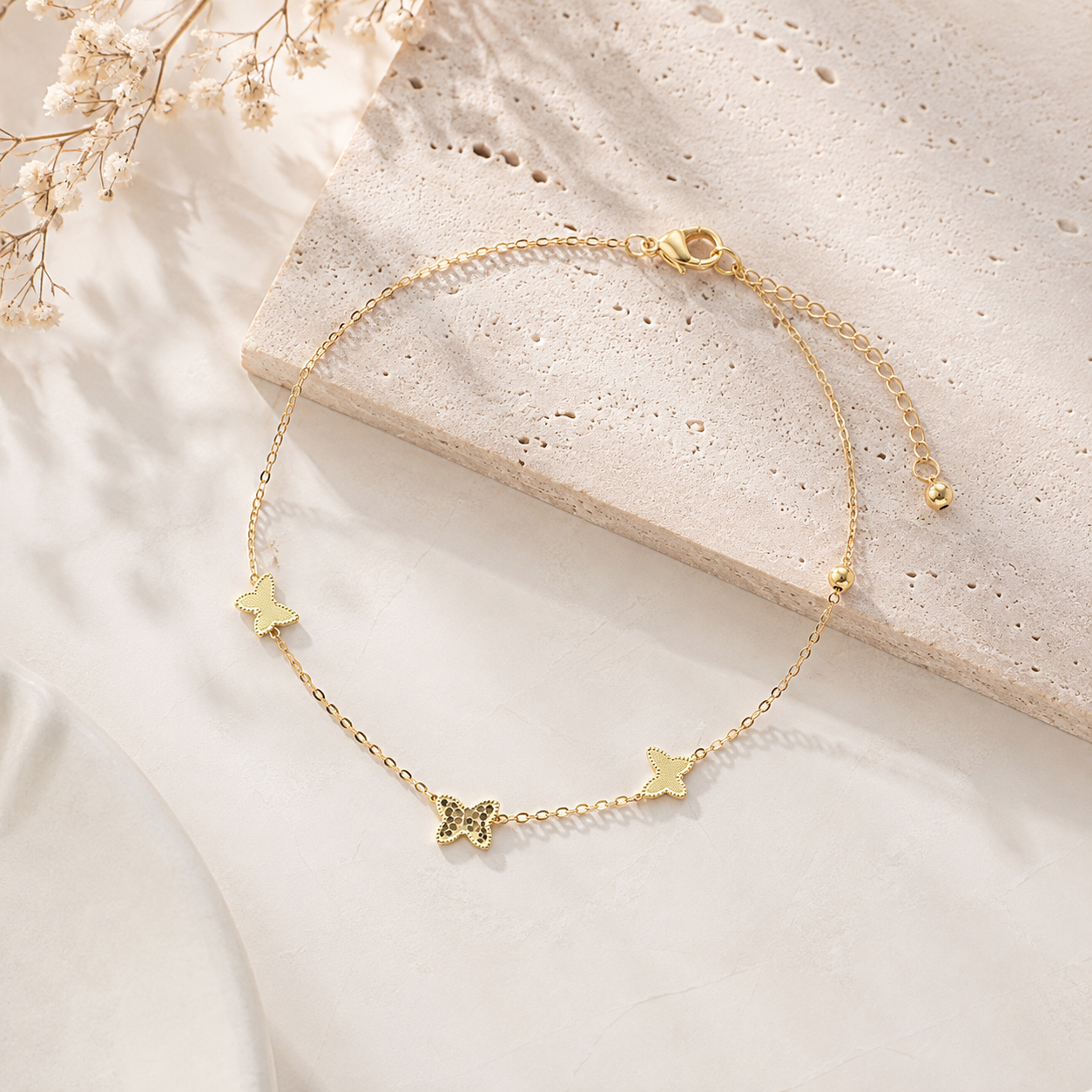 18K Solid Gold Butterfly Bracelet, Dainty Yellow Gold Chain, Minimalist Fine Jewelry