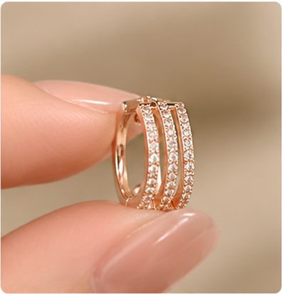 18K Solid Gold Triple Row Pavé Hoop Earrings, Sparkling Huggie (Rose Gold)