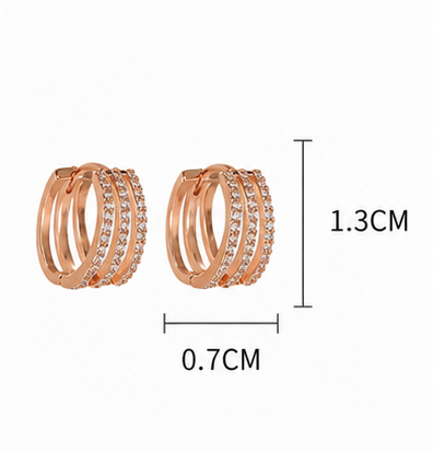 18K Solid Gold Triple Row Pavé Hoop Earrings, Sparkling Huggie (Rose Gold)