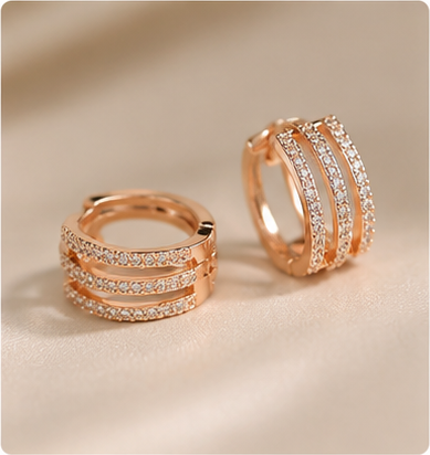 18K Solid Gold Triple Row Pavé Hoop Earrings, Sparkling Huggie (Rose Gold)