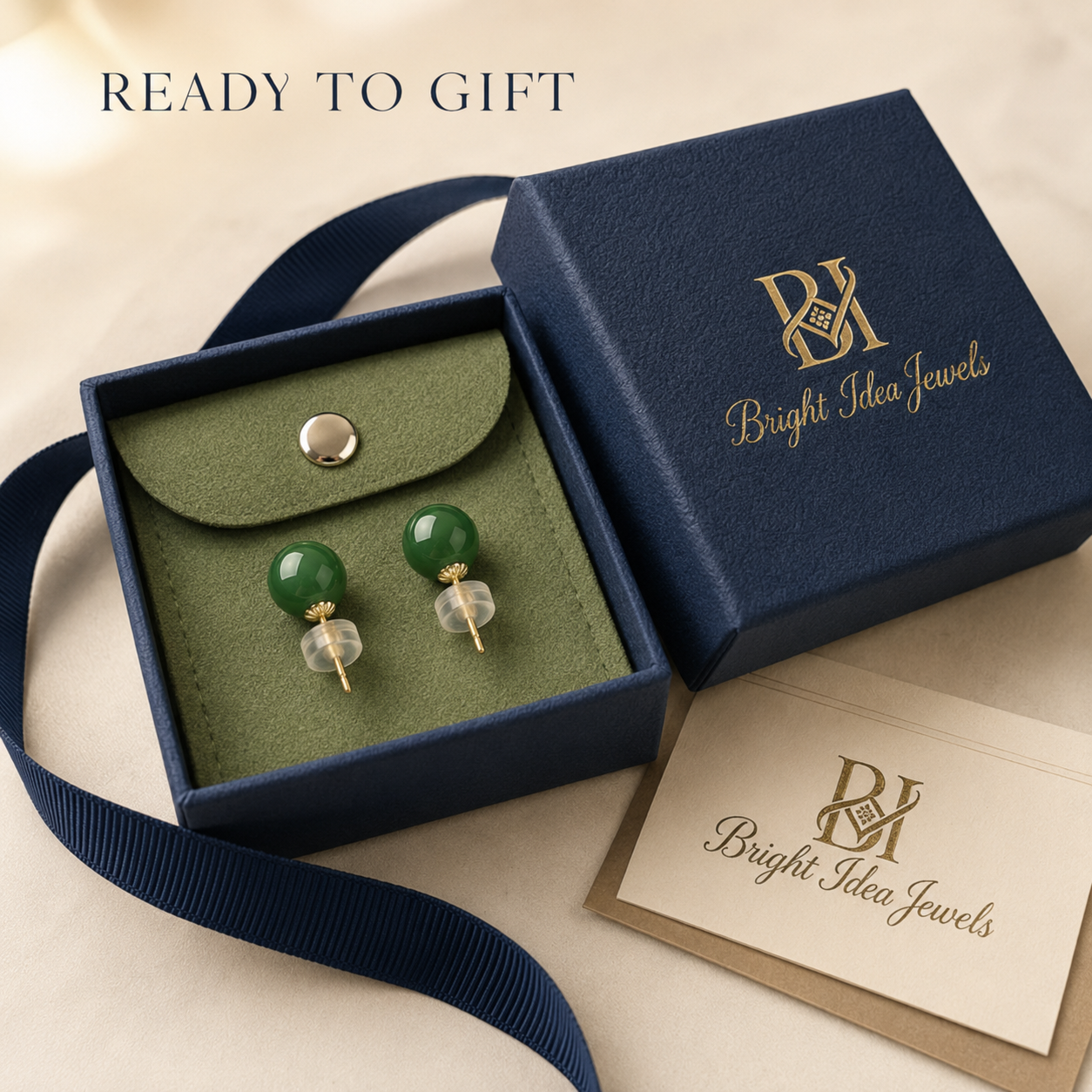 Gold Earrings 18K Solid | Hetian Jade Jasper Studs | Fine Jewelry Au750