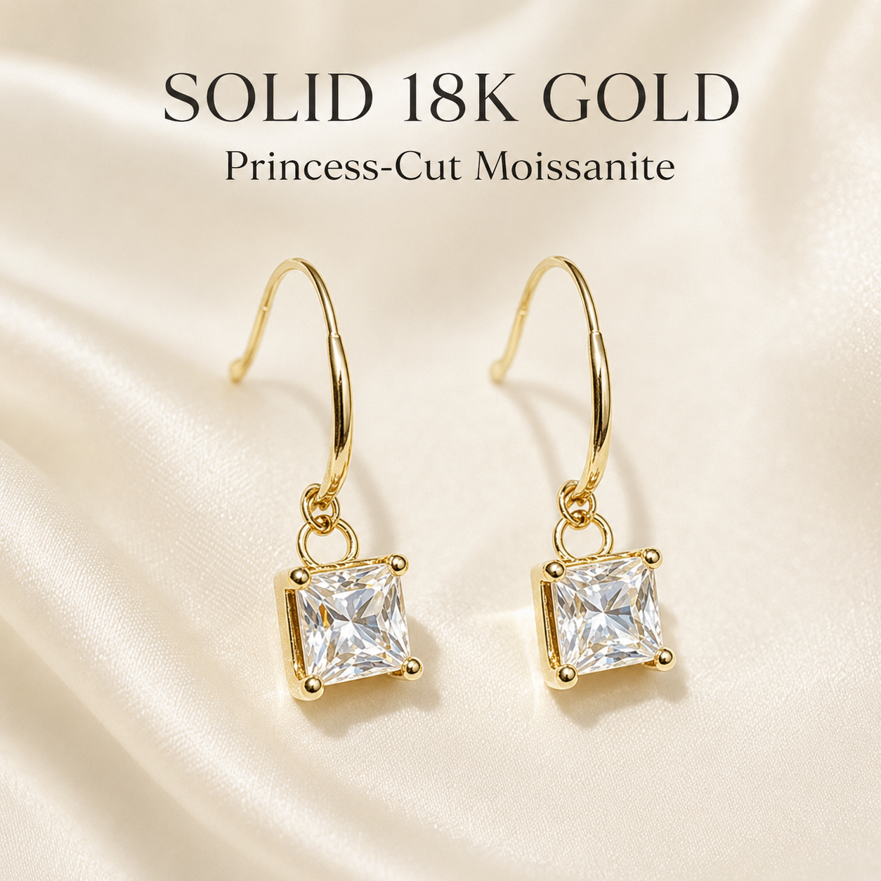 Gold Earrings 18K Solid | Four-Prong Square Moissanite Studs | Fine Jewelry Au750