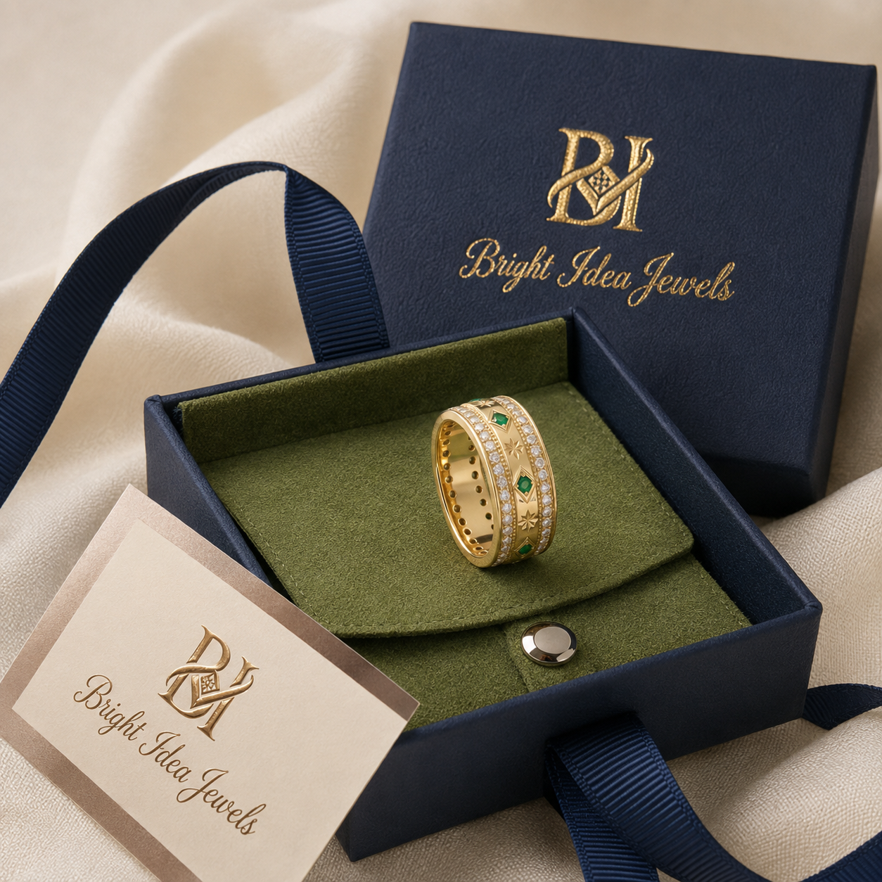 Gold Ring 18K Solid | Double Row Diamond Emerald Band | Fine Jewelry Au750
